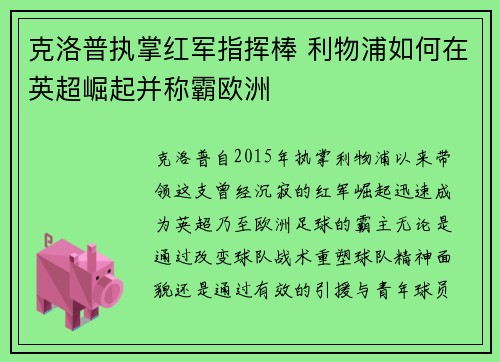 克洛普执掌红军指挥棒 利物浦如何在英超崛起并称霸欧洲
