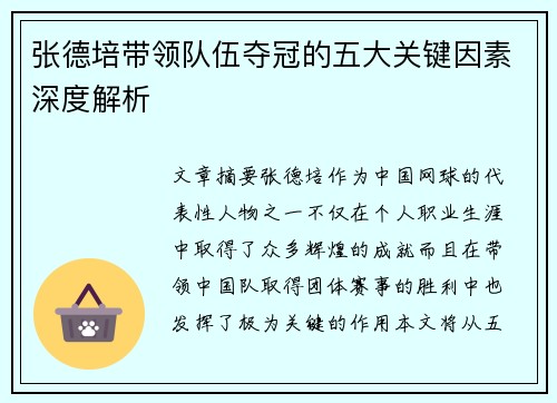 张德培带领队伍夺冠的五大关键因素深度解析