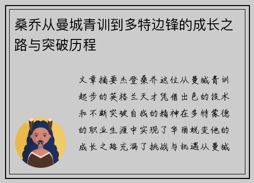 桑乔从曼城青训到多特边锋的成长之路与突破历程
